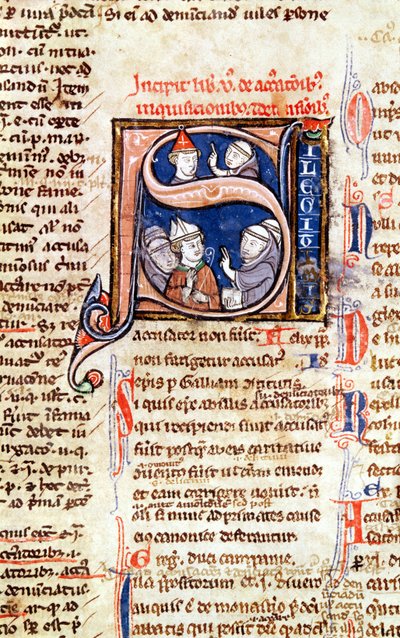 Ms 365 fol.350 Iniziale istoriate S raffigurante Papa Gregorio IX (1220-50) con vescovi e abati, dai Decretali di Gregorio IX da French School