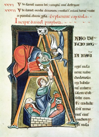 Ms 3 fol.233 Iniziale istoriata A raffigurante Daniele nella fossa dei leoni, dalla Bibbia di Saint-Sulpice de Bourges da French School