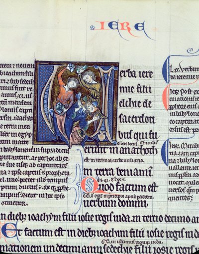 Ms 48 fol.95v Iniziale istoriata V che raffigura la lapidazione del profeta Geremia da French School