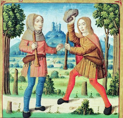 Ms 493 f.10v I pastori Dameta e Menalca che si sfidano in una gara musicale, da Le Bucoliche di Virgilio con un commento di Servio, 1469 da French School