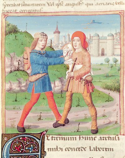 Ms 493 f.17 Uno scambio di doni, da Le Bucoliche di Virgilio (70-19 a.C.) con un commento di Servio, 1469 da French School