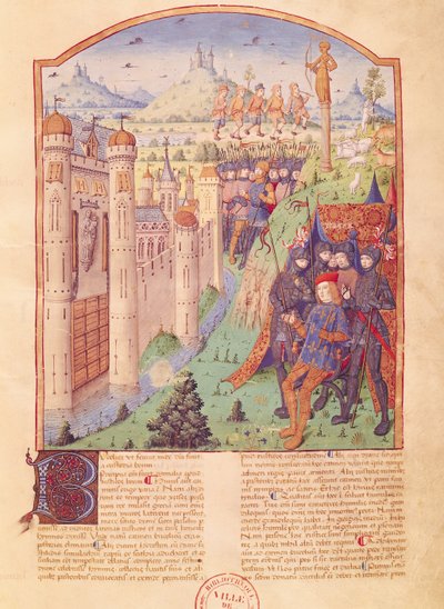 Ms 493 fol.1r Le opere di Virgilio con commento di Servio, Le Bucoliche, Re seduto sul trono circondato dalle sue guardie davanti a una città fortificata, Francia, 1469 da French School