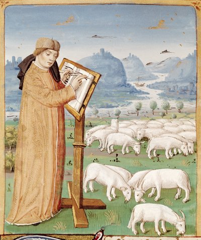 Ms 493 fol.37v Virgilio che scrive in un campo di pecore e capre, dalle Georgiche di Virgilio (70-19 a.C.) con commento di Servio, 1469 da French School