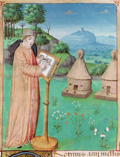 Ms 493 fol.45 Virgilio (70-19 a.C.) che scrive La vita delle api, da Le Georgiche di Virgilio con un commento di Servio, 1469 da French School