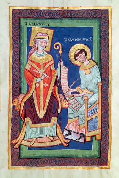 Ms 501 Fol.58 San Amand restituisce una pergamena a San Baudemond, dalla Vita e Miracoli di San Amand di San Baudemond da French School