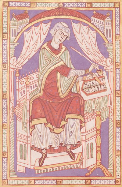 Ms 501 fol.5v Baudemond che scrive, da Vie et Miracles de Saint Amand da French School
