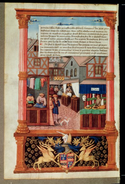 Ms 5062 fol.149v Una strada con negozi e lo stemma di Robert Stuart, Maresciallo di d