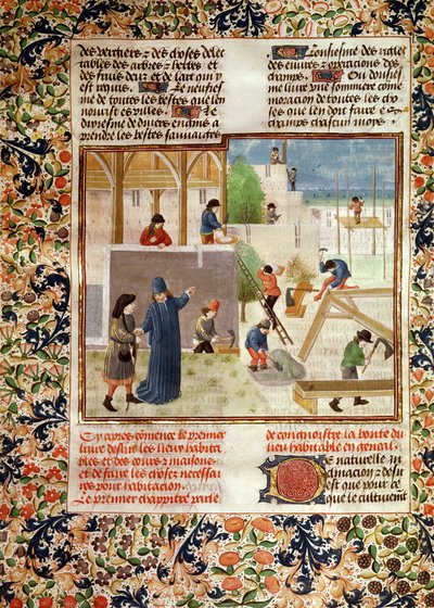 Ms 5064 fol.2v Costruzione di una casa, dal Livre des Prouffitz Champestres di Pietro de Crescenzi (1230-1320) da French School