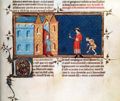Ms 5080 fol.373r Due lebbrosi che mendicano, da Le Miroir Historial, di Vincent de Beauvais da French School