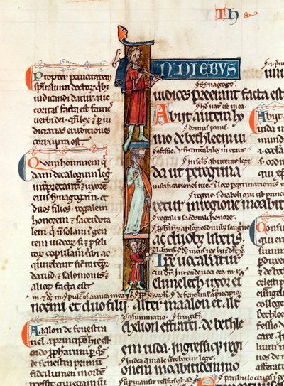 Ms 53 fol.29 Iniziale istoriata I che raffigura Ruth con suo marito e figli, dal Livre de Ruth da French School