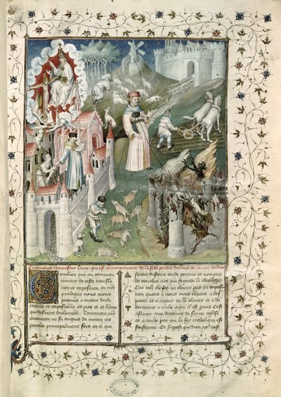 Ms 55 t.2 fol.3 La città di Dio, la città di Caen e la città dei vizi, da La Cite de Dieu di Sant
