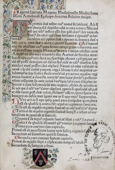 Prima pagina dal Regimen Sanitatis, 1483 da French School