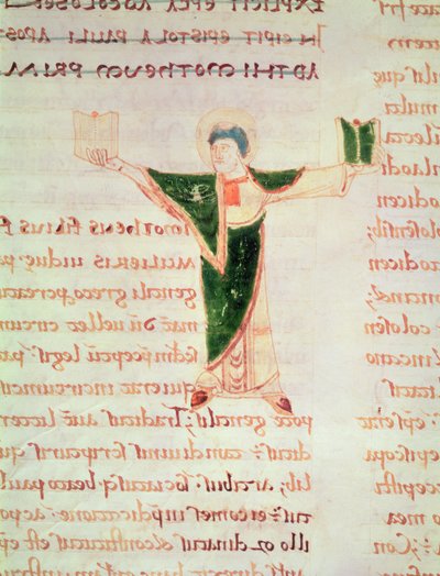 Ms 67 fol.188 Lettera istoriata T dal Commento alle Epistole di San Paolo da French School