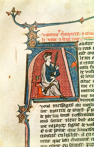 Ms 682 fol.17v Iniziale istoriata A raffigurante un re seduto con una spada a doppio taglio da French School