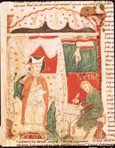 Papa Gregorio I il Grande (c.540-604) che detta il Libro di Giobbe al suo scriba Pietro, da Moralia in Job di Papa Gregorio il Grande da French School