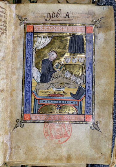 Ms 753 Fol.9 Monaco che scrive nel suo letto, da Flores Bernardi di Guillaume de Tournai da French School