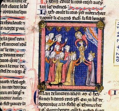 Ms 782 f.280 Re Filippo II (1165-1223) di Francia, dalle Cronache di Saint-Denis, fine XIII secolo da French School