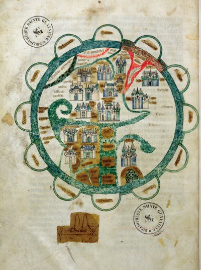 Ms 782 fol.16v. Mappa del mondo in forma di globo, miniatura da Grandes Chroniques de Philippe le Hardi da French School