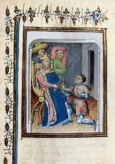 Carlo V (1338-80) restituisce la Spada del Gran Conestabile a Bertrand du Guesclin (c.1320-80) dalla Histoire de Du Guesclin dopo il poema di Cuvelier, inizio XV secolo da French School
