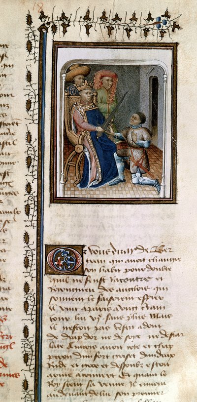 Ms 814 f.125r Bertrand du Guesclin (1320-80) nominato cavaliere dal re, da Histoire de Du Guesclin da French School