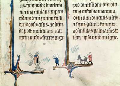 Ms 838 fol.55 Un uomo che guida il suo asino che trasporta sacchi di grano a un mulino a vento, dall