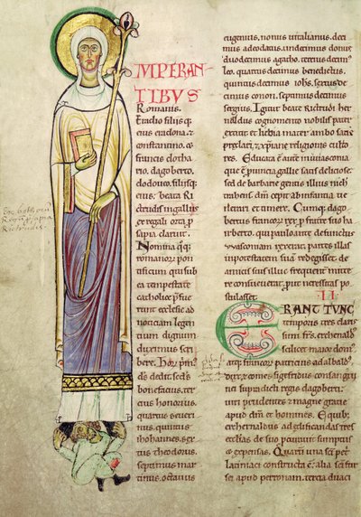 Ms 846 fol.137v Iniziale istoriate I raffigurante San Richrudius, da Recueil de Vie des Saints da French School