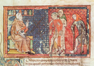 Ms 89 Ter fol.95 Un uomo malato e un uomo storpio presentati a un medico, da un trattato di Abul Qasim Kalaf ibn al-Abbas al Zahrawi (Albucasis) da French School