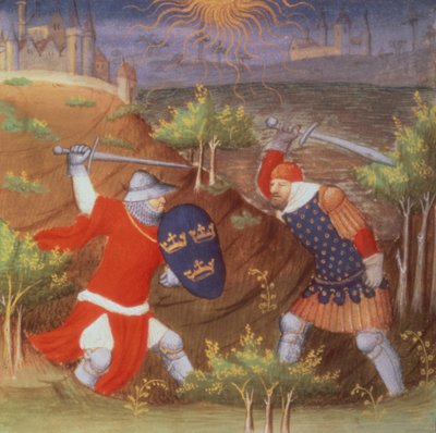 Re Artù combatte un generale romano, da un manoscritto di Histories, del Maestro di Boucicaut da French School