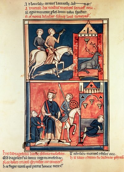 Una caccia al cervo e un re, possibilmente Dagoberto I (632-39) sul suo trono, dalla Vita e Miracoli di San Dionigi da French School