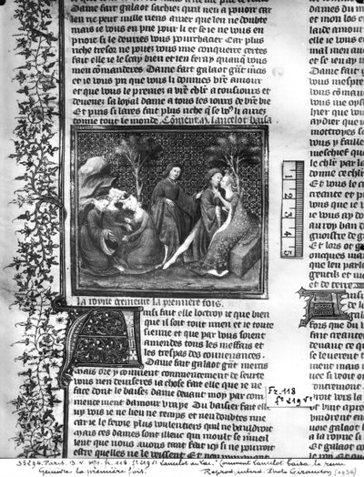 Come Lancillotto baciò Ginevra per la prima volta, dal Livre de Messire Lancelot du Lac da French School
