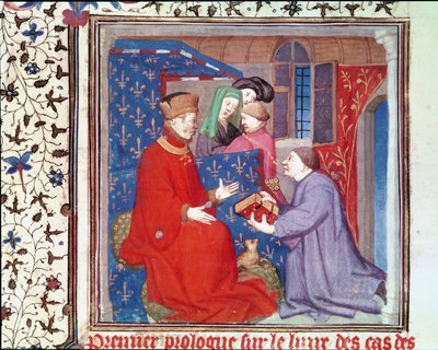 Ms Fr 131 f.1 Jean (1340-1416) Duca di Berry riceve un manoscritto da Boccaccio, da Cas des Nobles Hommes et Femmes di Giovanni Boccaccio (1313-75) da French School