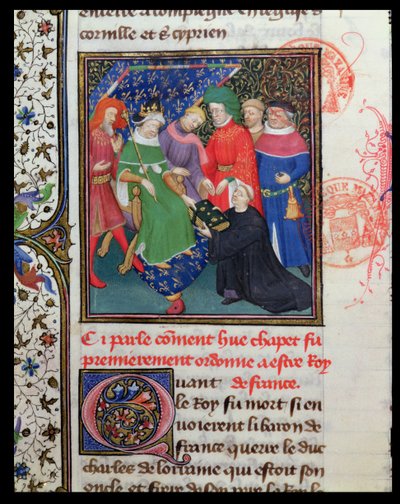 Ms Fr 2029 fol.30v. Hugues I Capet (941-996), il Re con un Cappello da French School