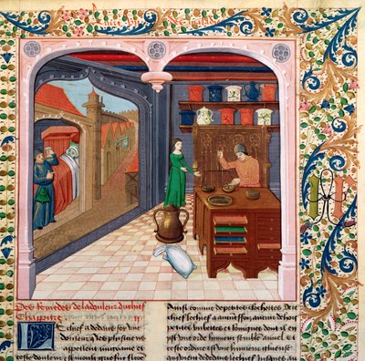 Un paziente nel suo letto e un farmacista che prepara medicine, da Le Livre des Proprietes des Choses di Barthelemy l