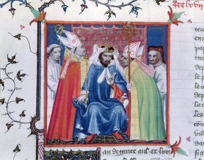 Ms. Fr. 2608 fol.335v Incoronazione di Filippo III (1245-85), dalle Grandes Chroniques de France, c.1400 da French School
