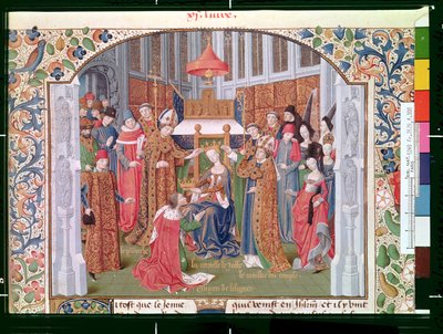Ms Fr 2629 fol.300 La contessa di Giaffa (c.1136-88) incorona Guido di Lusignano (m.1194) dalla Histoire de la conquête de Jérusalem di Guglielmo di Tiro (c.1130-85) c.1470 da French School