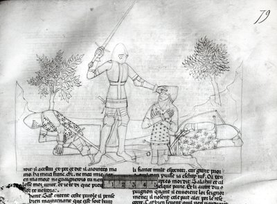 Ms Fr 343 f.79 Armare un cavaliere su un campo di battaglia, da Lancillotto del Lago da French School