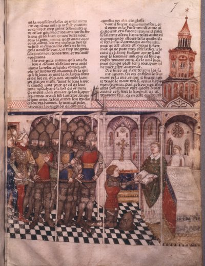 Ms Fr 343 fol. 7 La ricerca del Santo Graal e la morte di Artù, cavaliere che presta giuramento da French School