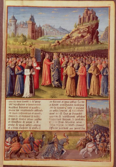 San Bernardo (c.1090-1153) di Clairvaux che predica la Seconda Crociata alla presenza del Re Luigi VII (c.1120-80) di Francia a Vézelay nel 1146, dai Passages faits Outremer da French School