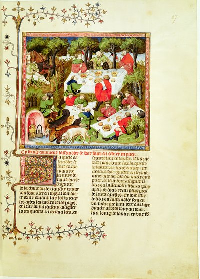 Cacciatori che banchettano prima della caccia al cervo, da Libro della Caccia di Gaston Phebus de Foix (1331-1391) da French School