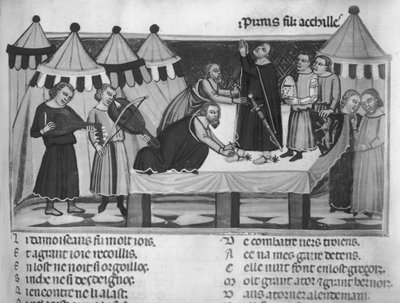 Ms Fr 782 f.16 Armamento di un cavaliere, dal Roman de Troie, XIII-XIV secolo da French School