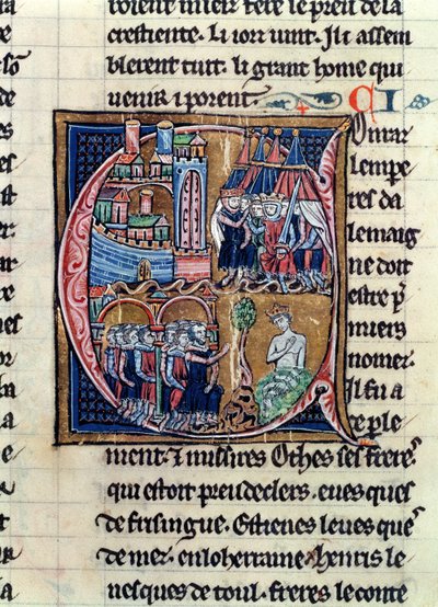 Ms Fr 9081 fol.206 Iniziale istoriata C raffigurante Corrado III (1137-52) Imperatore di Germania e Luigi VII (1120-80) Re di Francia, assediando Damasco nel 1148, da Histoire de Jerusalem di William da French School