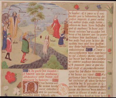 Ms Fr 9197 Fol.157 Olimpo con Saturno, Plutone, Giunone, Venere, Giove e Cibele, da Livre des Eschecs d