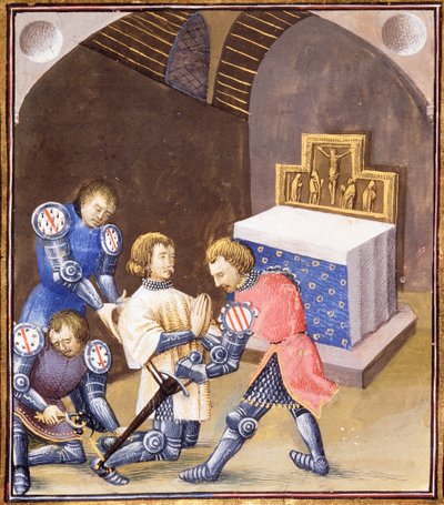 Galahad riceve una spada e speroni nel rituale della cavalleria prima di partire per la ricerca del Graal da French School