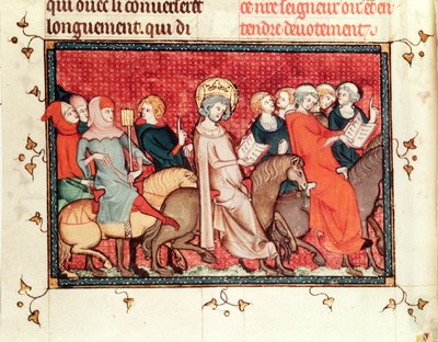 Ms Fr fol.48 Il re che detta le sue ore mentre cavalca, dalla Vita e Miracoli di San Luigi, c.1330-40 da French School