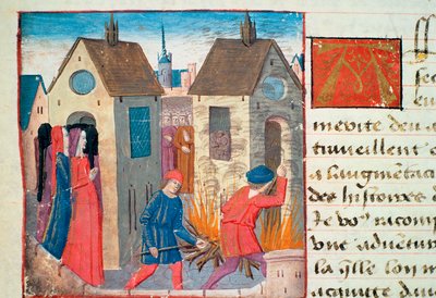 Ms Hunter 252 f.75v Incendio di una casa, da Les Cent Nouvelles Nouvelles, 1462 da French School