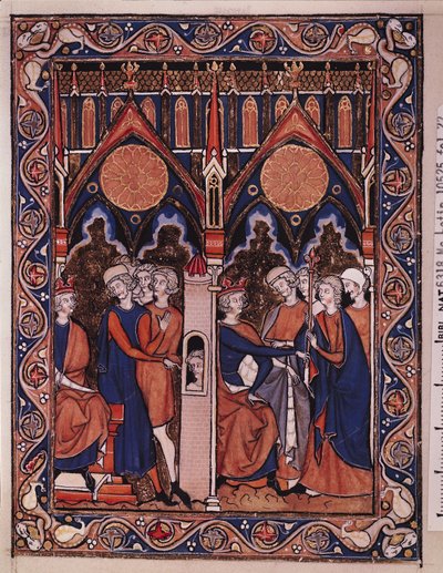 Ms Lat 10525 Fol.22 Giuseppe spiega il sogno del faraone e il faraone reintegra il suo coppiere, dal Salterio di San Luigi, c.1258-70 da French School