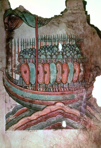 Ms Lat 1390 fol.7 Soldati normanni che attraversano il canale della Manica, da La Vie de Saint Aubin d