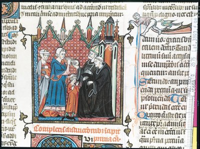 Ms Lat 3893 Fol.98 Genitori che offrono denaro a un vescovo per prendere il loro figlio nell