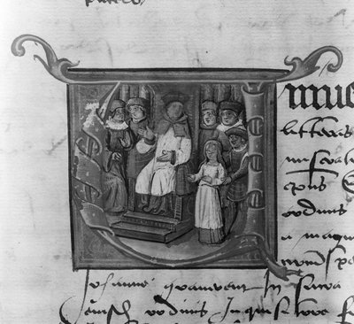 Ms Lat 5969 Iniziale istoriata A raffigurante il processo di Giovanna d