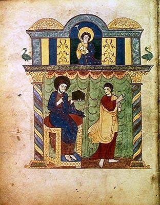 Ms Lat 8878 fol.1v Gesù che presenta il vangelo a San Matteo, da un Commentario sull